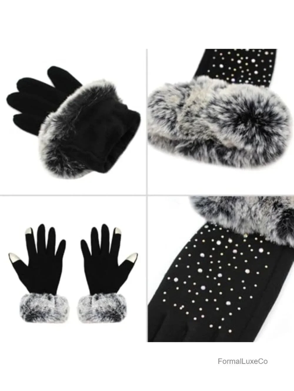 Luxurious Rhinestone Touchscreen Gloves with Faux Fur Cuffs Fleece Lined